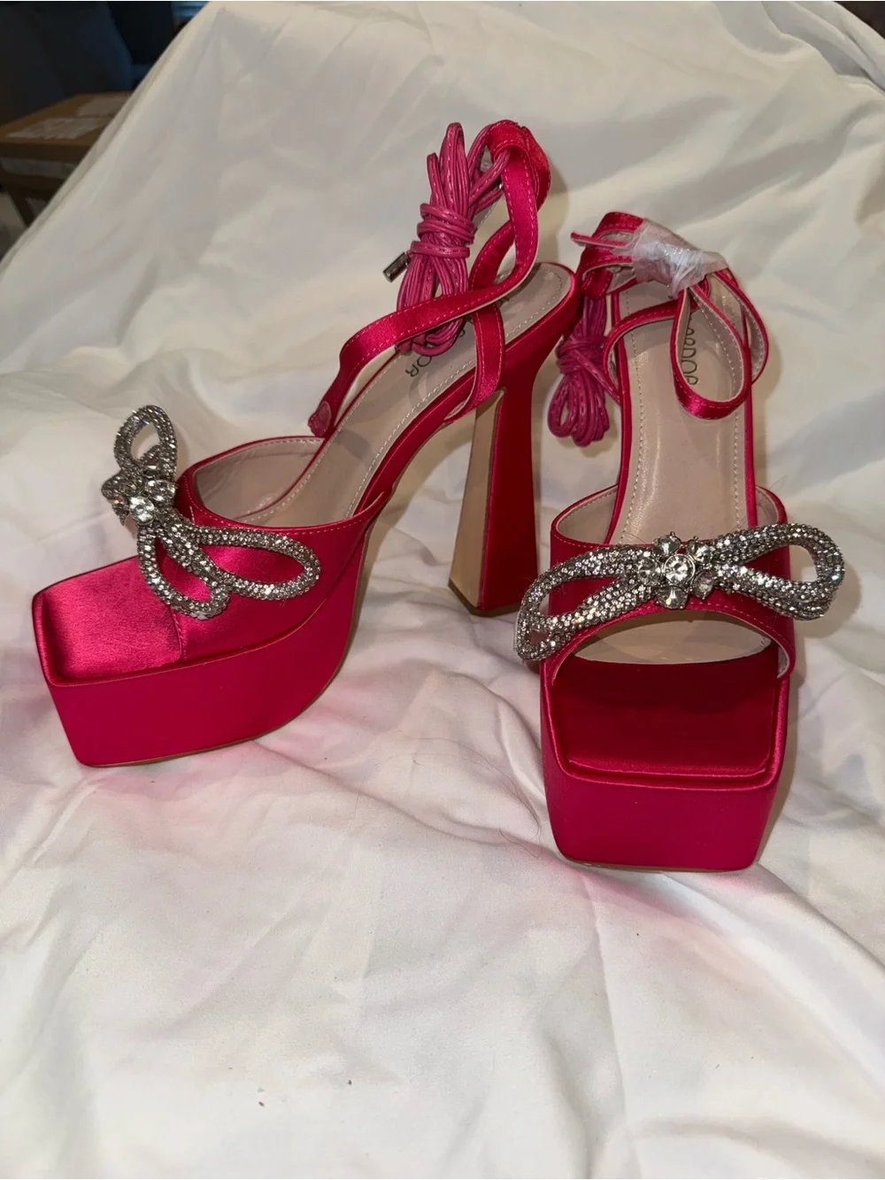 SHEIN Hot Pink Satin Platform Heeled Sandals with Crystal Bow